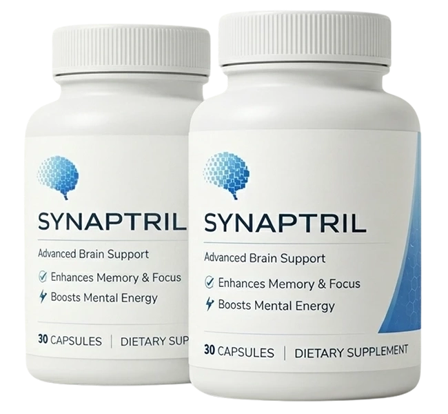 Synaptril brain focus capsules spilled beside bottle — daily magnesium-anchored neuro-support formula